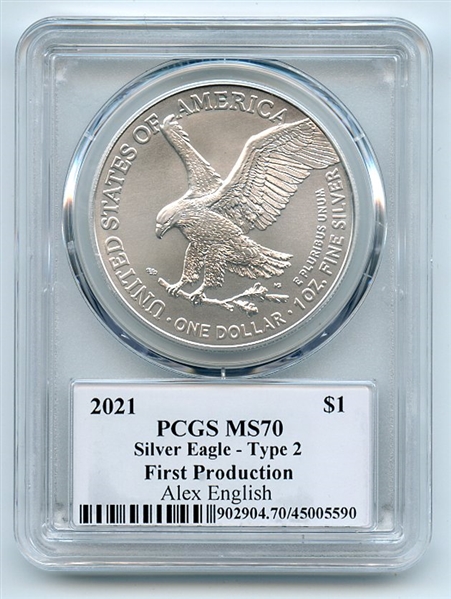2021 $1 Silver Eagle T2 First Production PCGS MS70 Legends Life Alex English
