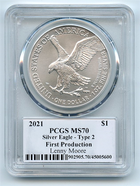 2021 $1 Silver Eagle T2 First Production PCGS MS70 Legends Life Lenny Moore