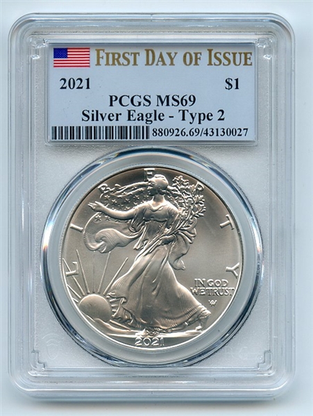 (5) 2021 $1 American Silver Eagle 1oz Type 2 PCGS MS69 First Day of Issue Lot