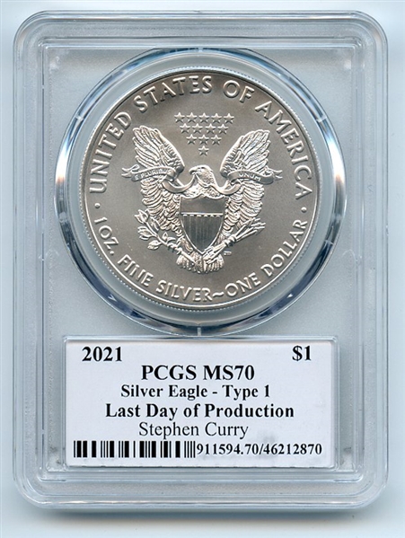 2021 $1 Silver Eagle T1 Last Day Production PCGS MS70 Legends Life Stephen Curry