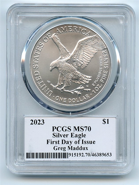 2023 $1 American Silver Eagle 1oz PCGS MS70 FDOI Legends of Life Greg Maddux