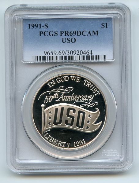 1991 S $1 USO Silver Commemorative Dollar PCGS PR69DCAM