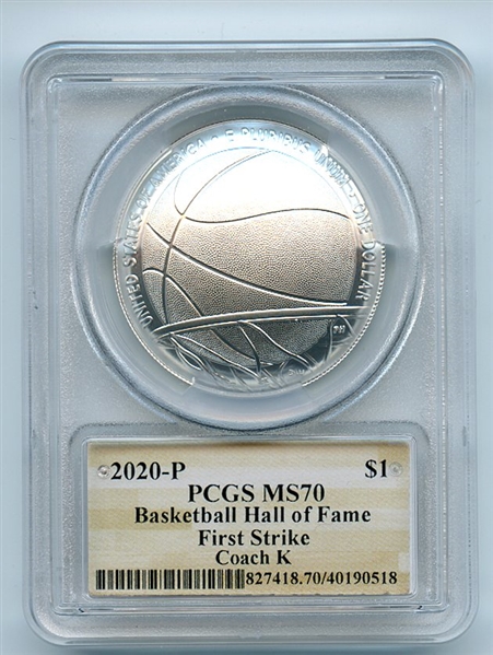 2020 P $1 Basketball Hall of Fame Silver Commemorative PCGS MS70 FS Coach K