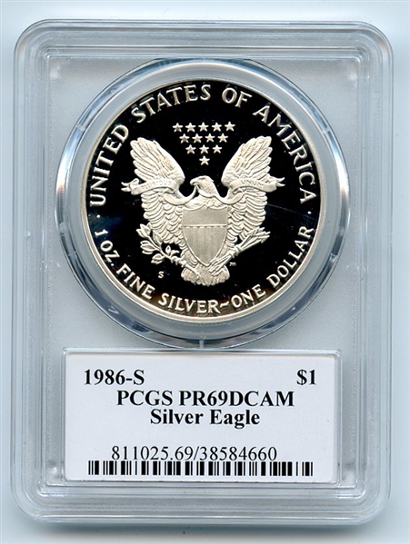 1986 S $1 Proof American Silver Eagle 1oz PCGS PR69DCAM Leonard Buckley