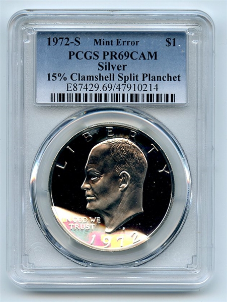 1972 S $1 Silver Ike Eisenhower Dollar Mint Error 15% clamshell Split Planchet PCGS PR69CAM