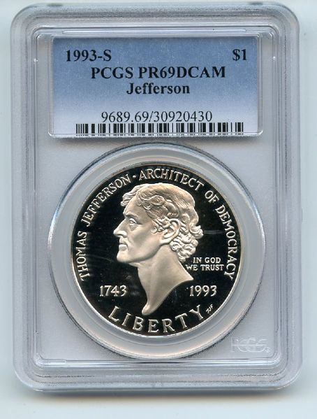 1993 S $1 Jefferson Silver Commemorative Dollar PCGS PR69DCAM