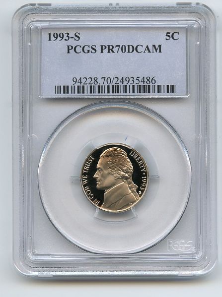 1993 S 5C Jefferson Nickel Proof PCGS PR70DCAM