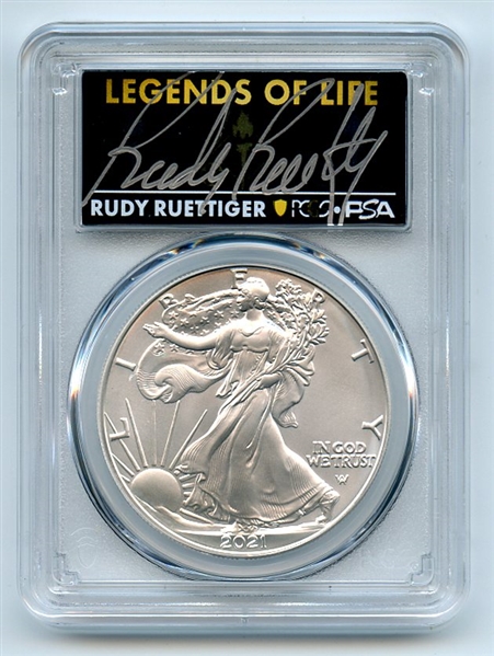 2021 $1 Silver Eagle T2 First Production PCGS MS70 Legends Life Rudy Ruettiger