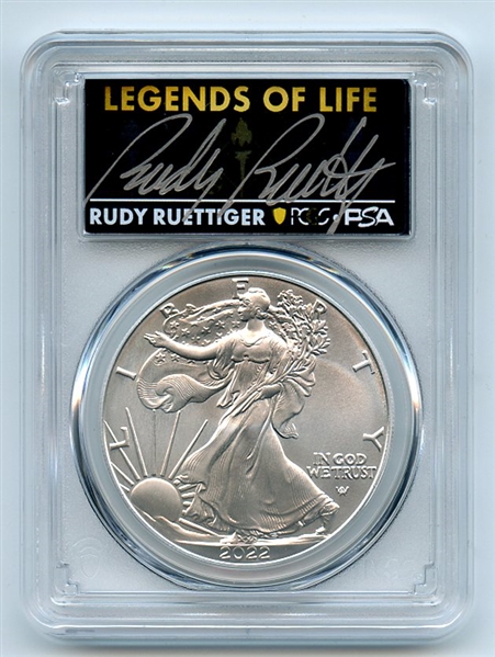 2022 $1 American Silver Eagle 1oz PCGS MS70 FS Legends of Life Rudy Ruettiger