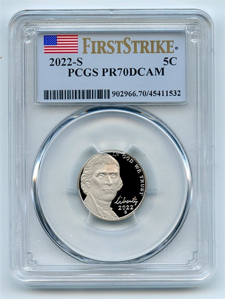 2022 S 5C Jefferson Nickel PCGS PR70DCAM First Strike