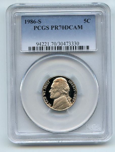 1986 S 5C Jefferson Nickel Proof PCGS PR70DCAM