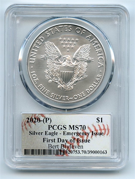 2020 (P) $1 Silver Eagle Emergency Issue PCGS MS70 FDOI Bert Blyleven