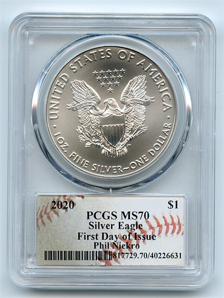 2020 $1 American Silver Eagle 1oz PCGS MS70 FDOI Phil Niekro