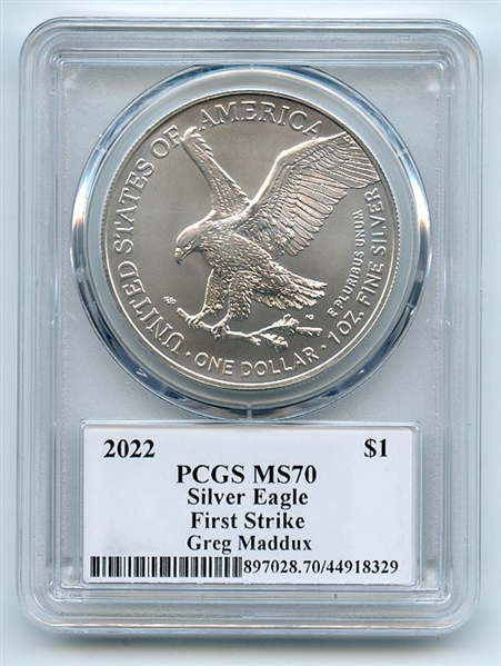 2022 $1 American Silver Eagle 1oz PCGS MS70 FS Legends of Life Greg Maddux