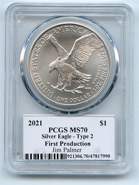 2021 $1 Silver Eagle T2 First Production PCGS MS70 Legends Life Jim Palmer