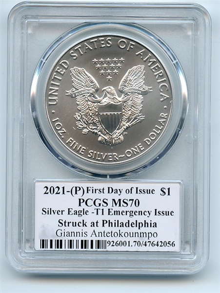 2021 (P) $1 American Silver Eagle EI 1oz PCGS MS70 FDOI Giannis Antetokounmpo