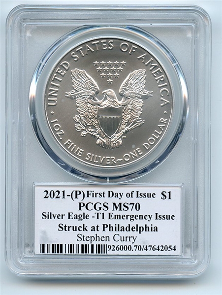 2021 (P) $1 American Silver Eagle EI 1oz PCGS MS70 FDOI Stephen Curry