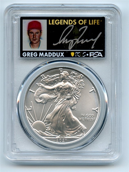 2021 (P) $1 American Silver Eagle EI 1oz PCGS MS70 FDOI Greg Maddux