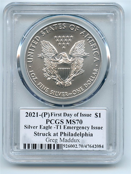 2021 (P) $1 American Silver Eagle EI 1oz PCGS MS70 FDOI Greg Maddux