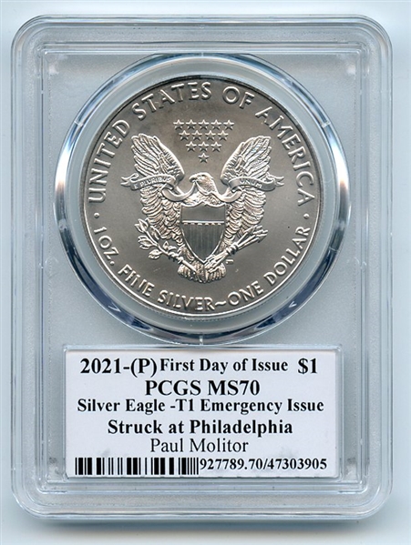 2021 (P) $1 Emergency Silver Eagle PCGS MS70 FDOI Legends of Life Paul Molitor