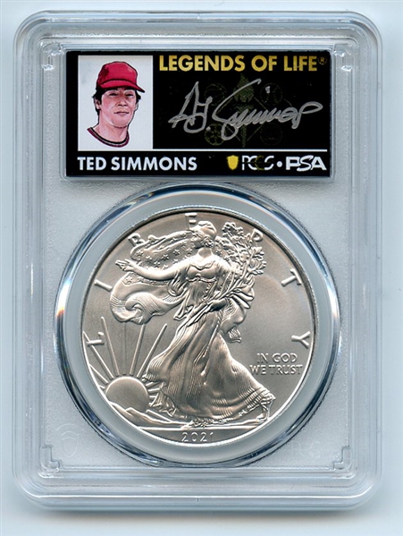 2021 $1 Silver Eagle T1 Last Day Production PCGS MS70 Legends Life Ted Simmons