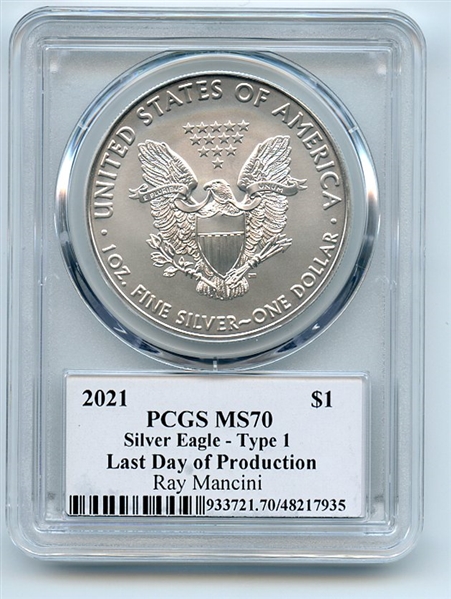 2021 $1 Silver Eagle T1 Last Day Production PCGS MS70 Legends Life Ray Mancini