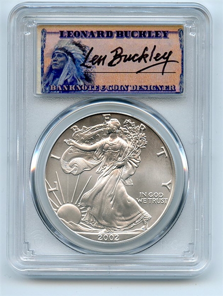 2002 $1 American Silver Eagle 1oz PCGS MS70 First Strike Leonard Buckley