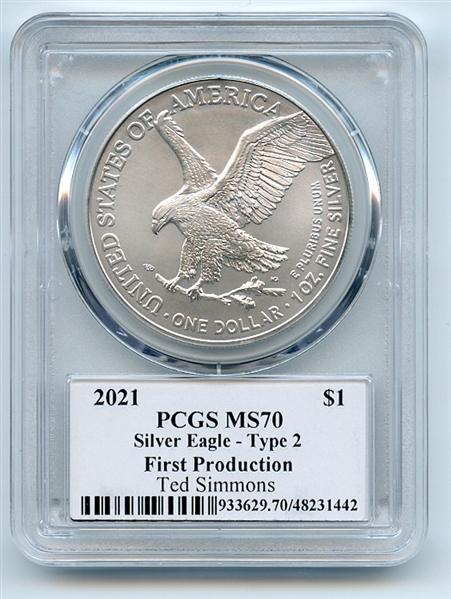 2021 $1 Silver Eagle T2 First Production PCGS MS70 Legends of Life Ted Simmons