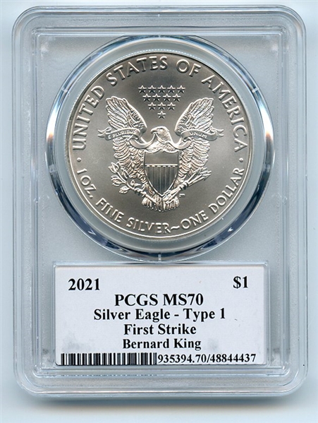 2021 $1 T1 American Silver Eagle 1oz PCGS MS70 FS Legends of Life Bernard King