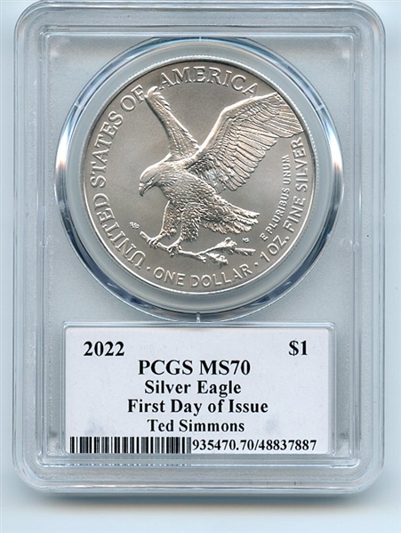 2022 $1 American Silver Eagle 1oz PCGS MS70 FDOI Legends of Life Ted Simmons