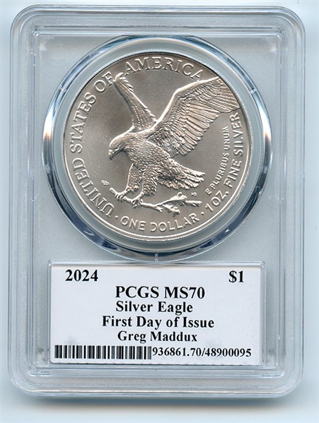 2024 $1 American Silver Eagle 1oz PCGS MS70 FDOI Legends of Life Greg Maddux