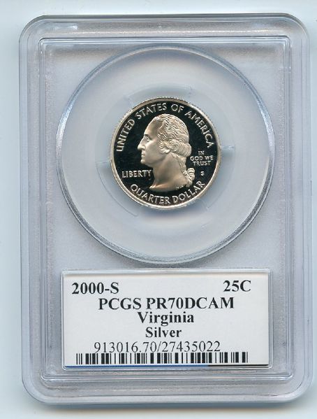 2000 S 25C Silver Virginia Quarter PCGS PR70DCAM