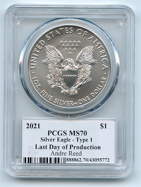 2021 $1 Silver Eagle T1 Last Day Production PCGS MS70 Legends of Life Andre Reed