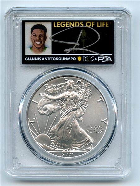 2021 $1 Silver Eagle T1 Last Day PCGS MS70 Legends Life Giannis Antetokounmpo