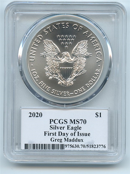 2020 $1 American Silver Eagle PCGS MS70 FDOI Legends of Life Greg Maddux