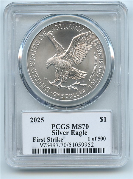 2025 $1 American Silver Eagle PCGS MS70 FS Thomas Cleveland Arrows 1 of 500